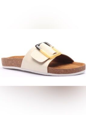 Crevo Women's Cream Slide Sandal with Two-Tone Buckle